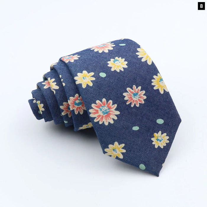 Classic Denim Floral Tie 7cm Skinny Cotton Feather Dot Mens