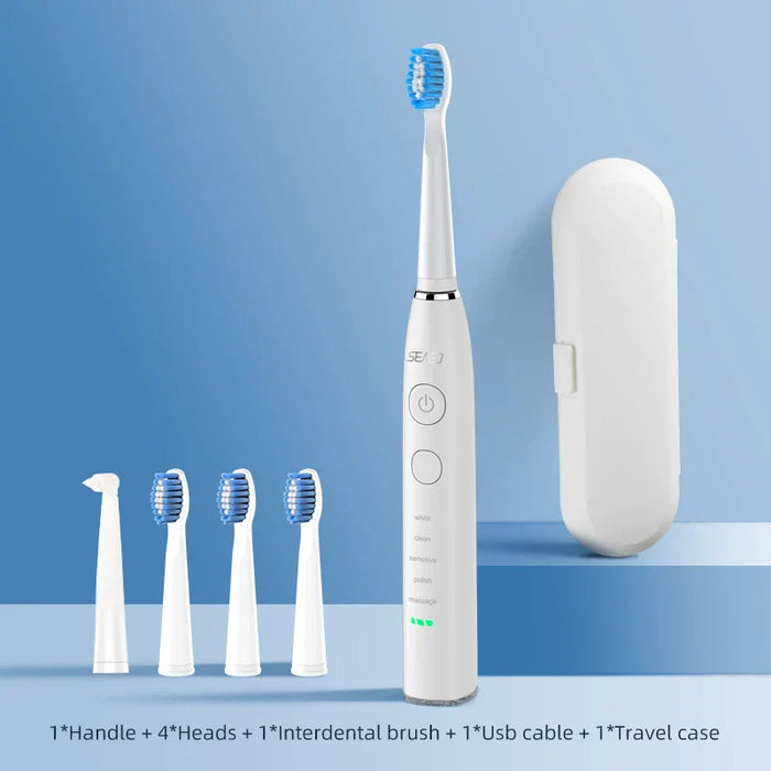 USB Rechargeable Sonic Toothbrush 360 Day Battery Ipx7 4 Heads With Travel Box