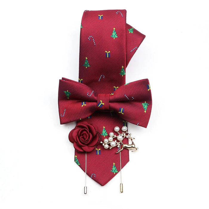 Christmas Tie Set Red Snowflake Bowtie And Brooches For Parties And Gifts