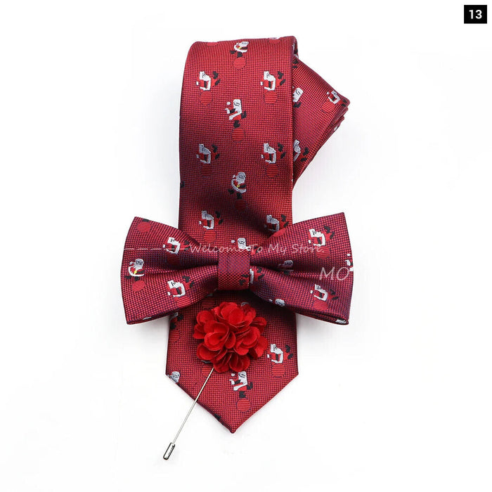 Christmas Tie Set Red Snowflake Bowtie And Brooches For Parties And Gifts