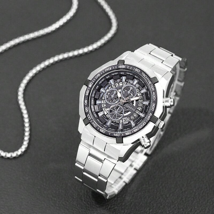 Fashion Mens Necklace Watches Luxury Stainless Steel Quartz Wristwatch Calendar Men Business Casual Watch