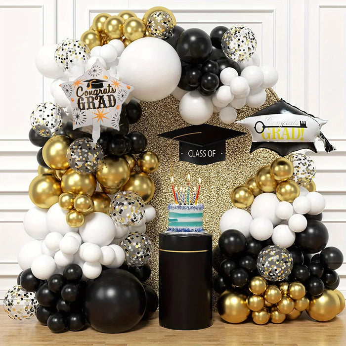 136Pcs Black White Gold Balloon Arch Garland Kit Graduation Cap Star Balloon Graduation Party Graduation Birthday Decoration