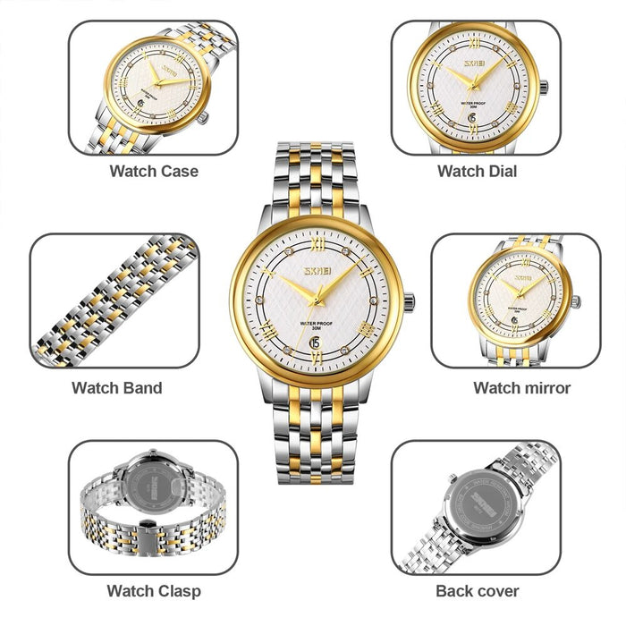 Men's Women's Stainless Steel Band Analog Calendar Display Quartz 3ATM 30M Water Resistant Wristwatch