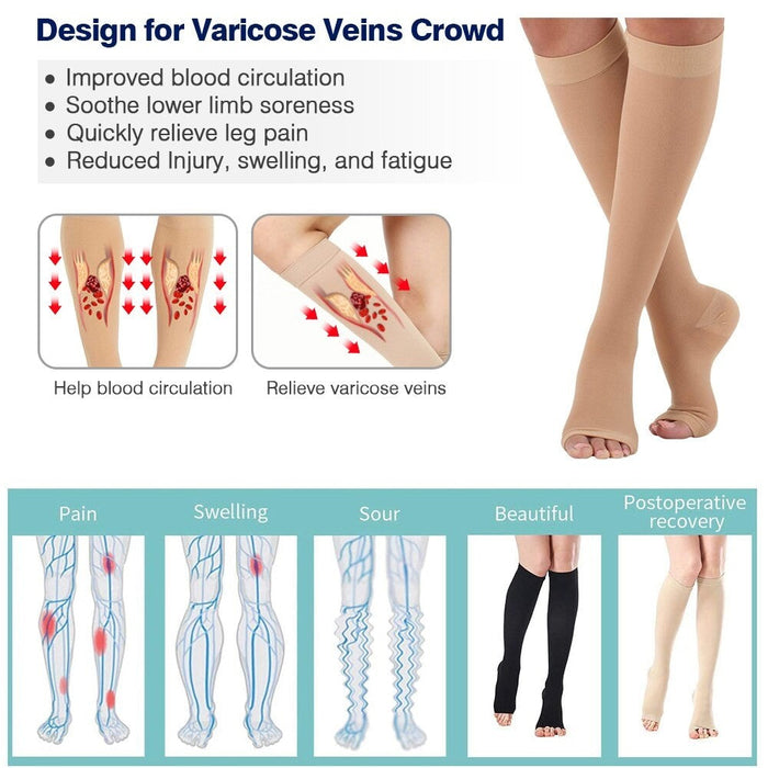 2 Pcs Calf Compression Knee High Open Toe Stockings For Pregnancy, Varicose Veins