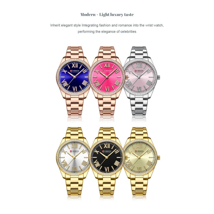 Stainless Steel Elegant Rhinestones Thin Luminous Quartz Wristwatch