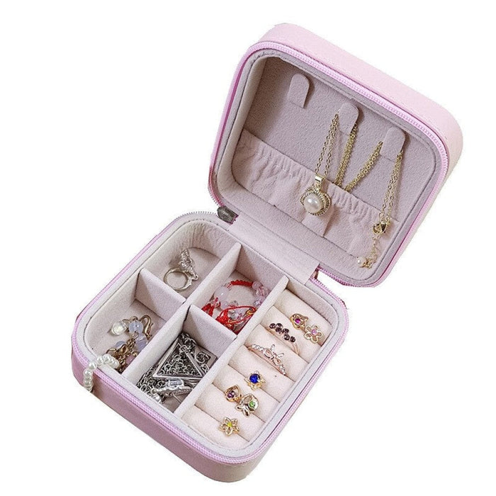 Solid Colour Jewelry Organizer Leather Square Small Round Box Ring Earrings Portable Travel Jewelry Storage Bag