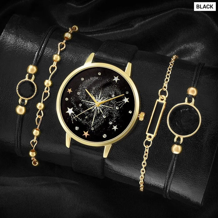 5Pcs Set Women Fashion Watch Casual Leather Belt Watches Ladies Starry Sky Dial Quartz Wristwatches Dress Clock