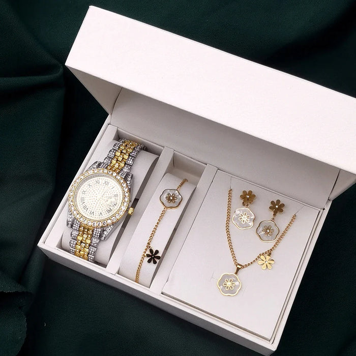 Womens Rhinestone Quartz Watch Steel Necklace Bracelet Earrings Ring Flower Jewelry Set With Box