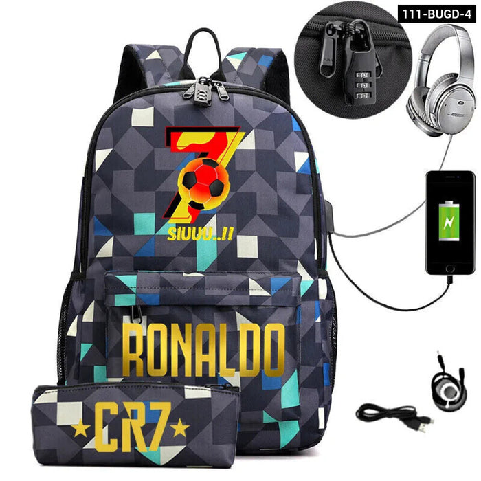 Ronaldo Printed Backpack With Usb And Lock 2 Piece Set