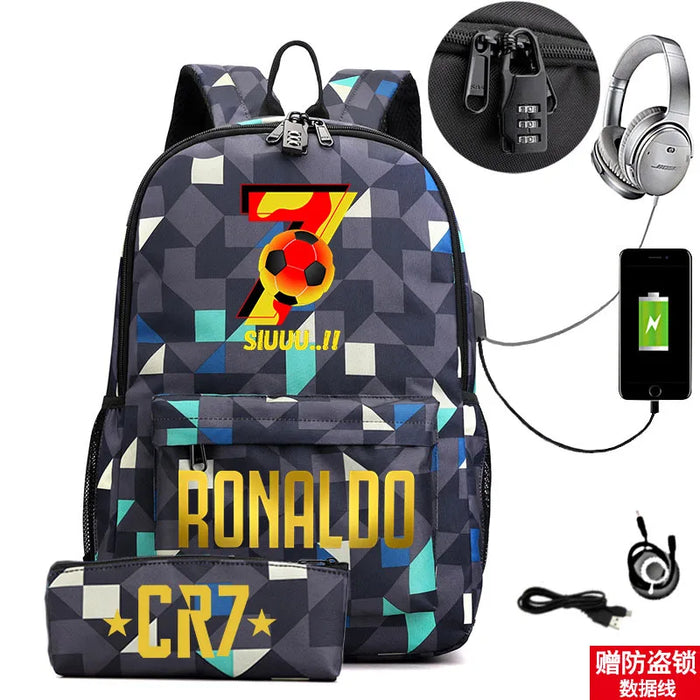 Ronaldo Printed Backpack With Usb And Lock 2 Piece Set