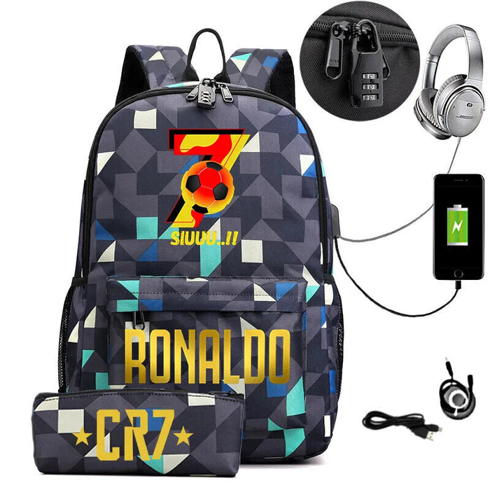 Ronaldo Printed Backpack With Usb And Lock 2 Piece Set