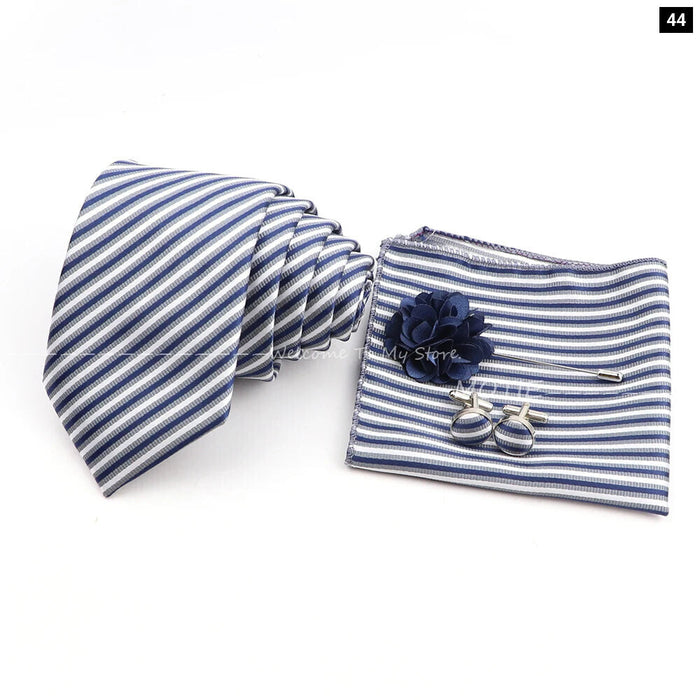 Blue Striped Tie Set For Weddings And Parties