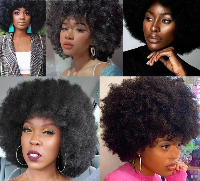 Short Afro Kinky Curly Human Hair Wig With Thick Bangs