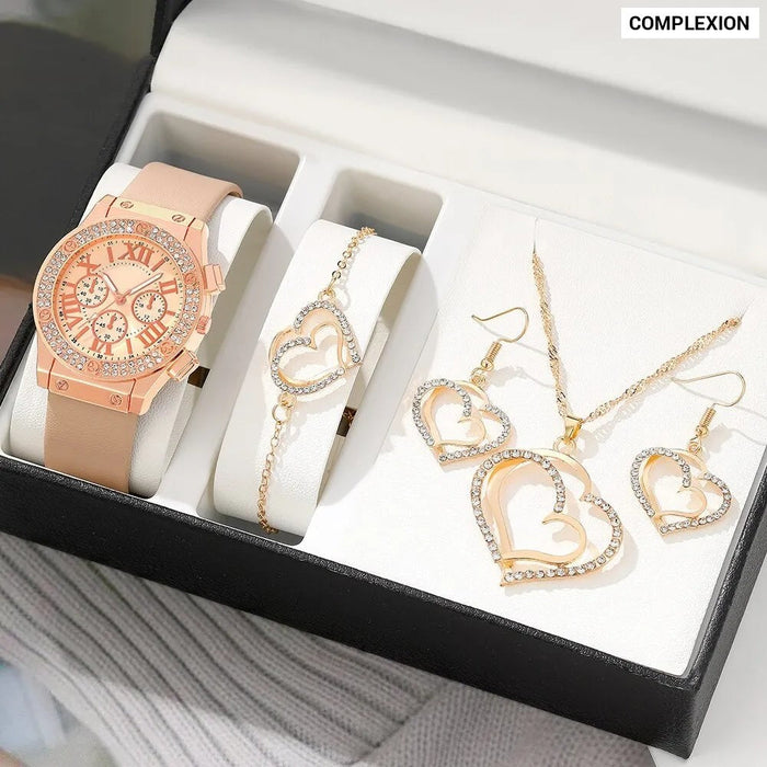 5Pcs Set Fashion Women Jewelry Watches Ladies Dress Leather Quartz Watch Rhinestone Womens Necklace Earrings Bracelet Wristwatch