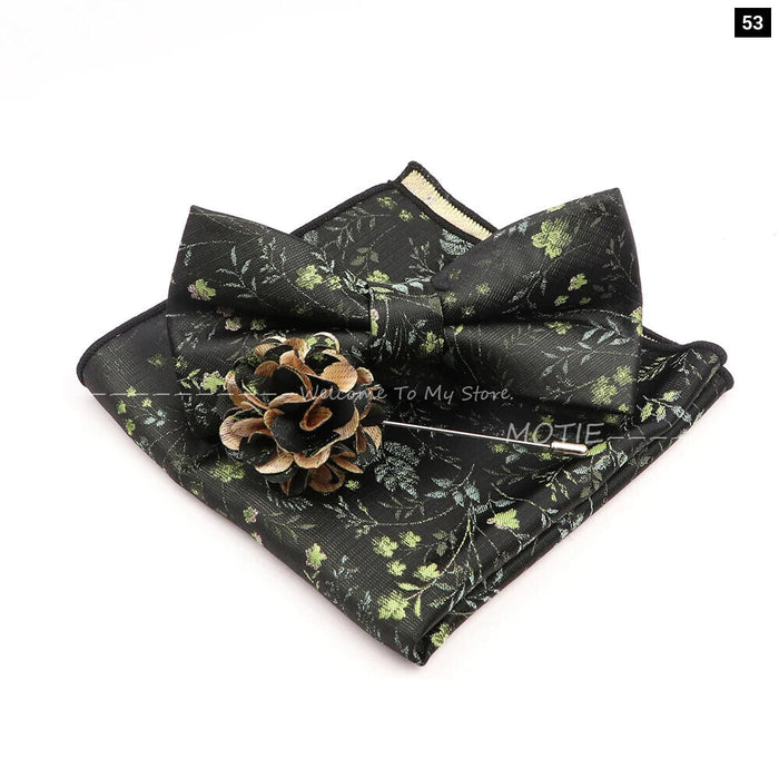 Blue Floral Pocket Square Set Bowtie Cufflink Brooch For Weddings