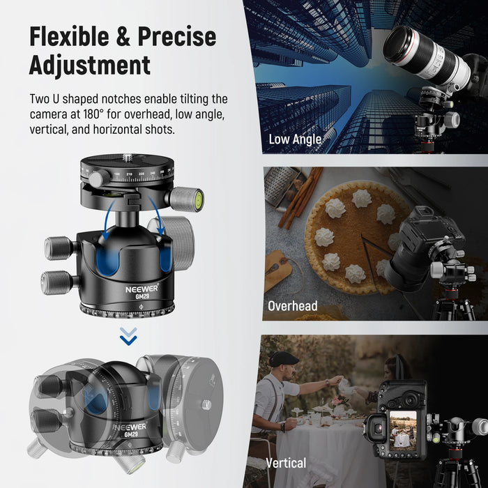 Low Profile Ball Head For Tripod & Monopod Heavy Duty Dual 360° Panorama Low Center Of Gravity