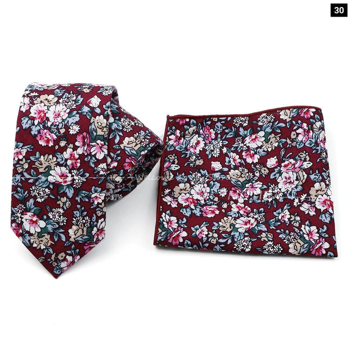 Floral Cotton Ties And Pocket Square Set For Business And Weddings