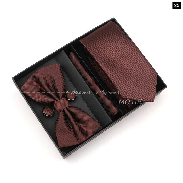 Premium Striped Tie Set Box Necktie Bowtie Handkerchief Cufflinks For Weddings And Suits