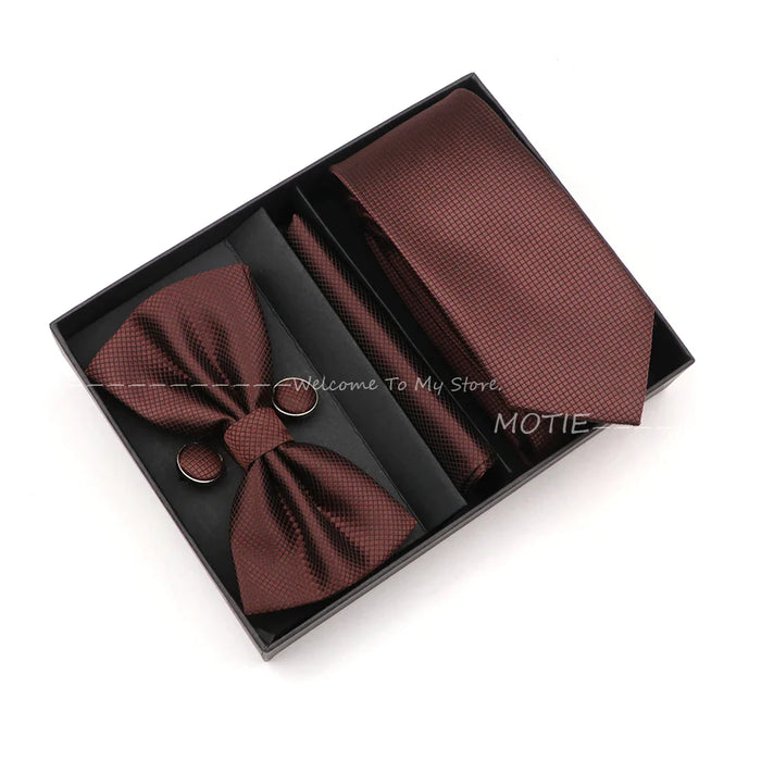 Premium Striped Tie Set Box Necktie Bowtie Handkerchief Cufflinks For Weddings And Suits