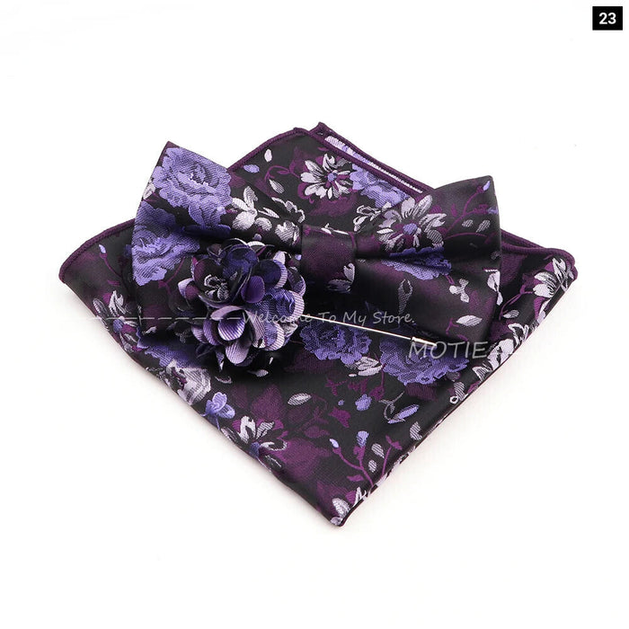 Blue Floral Pocket Square Set Bowtie Cufflink Brooch For Weddings