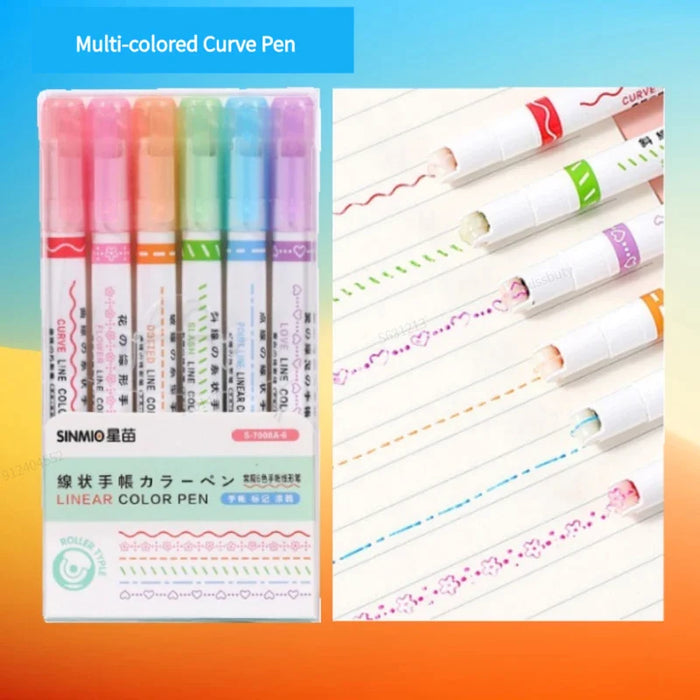 6 Pieces Highlighter Roller Tip Curve Liner Marker Pens Kawaii Korean Stationery