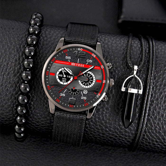 3PCS Set Fashion Mens Bracelet Necklace Watches Men Business Quartz Wrist Watch Classic Male Casual Nylon Watch