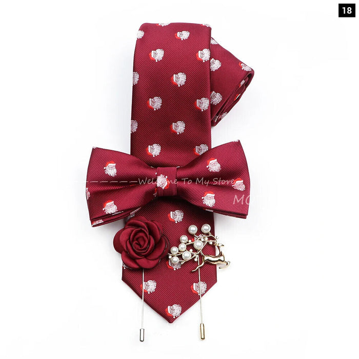 Christmas Tie Set Red Snowflake Bowtie And Brooches For Parties And Gifts