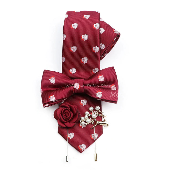 Christmas Tie Set Red Snowflake Bowtie And Brooches For Parties And Gifts