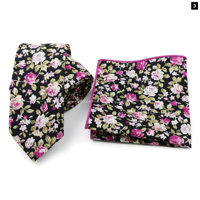 Floral Cotton Ties And Pocket Square Set For Business And Weddings