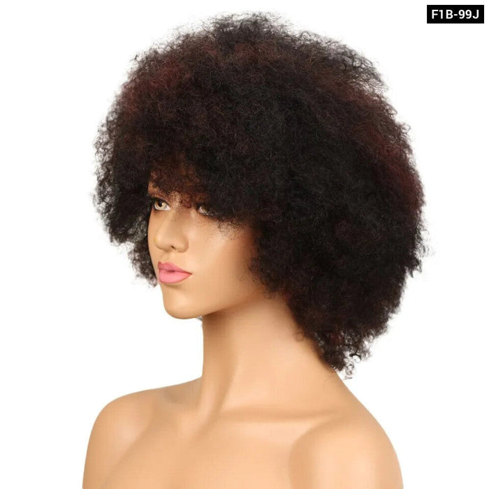 Short Afro Kinky Curly Human Hair Wig With Thick Bangs