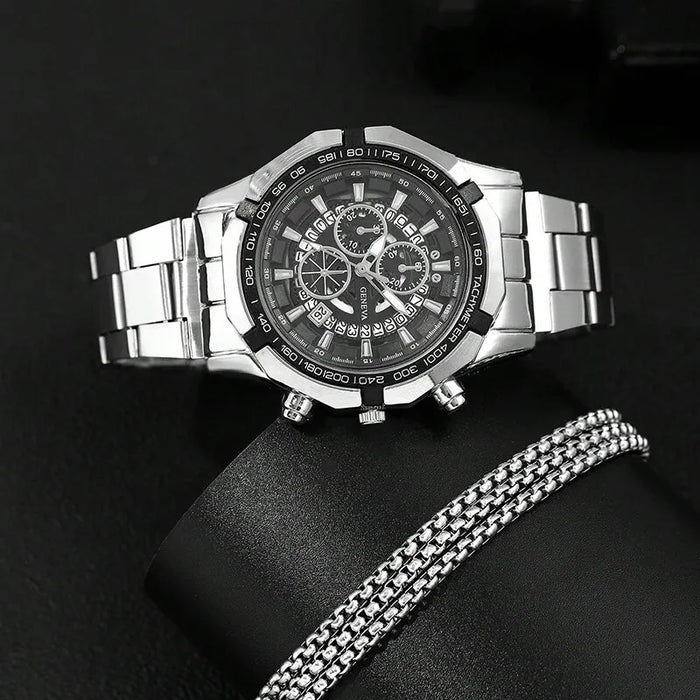 Fashion Mens Necklace Watches Luxury Stainless Steel Quartz Wristwatch Calendar Men Business Casual Watch