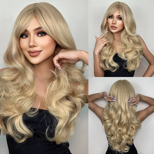 Long Wavy Blonde Synthetic Wig With Bangs For Women