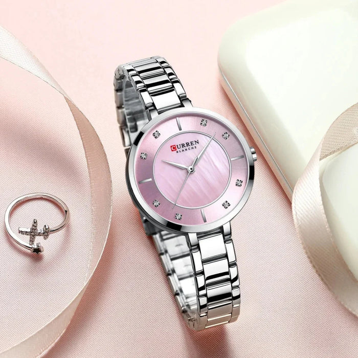 Waterproof Stainless Steel Rhinestone Dial Quartz Wristwatch For Ladies