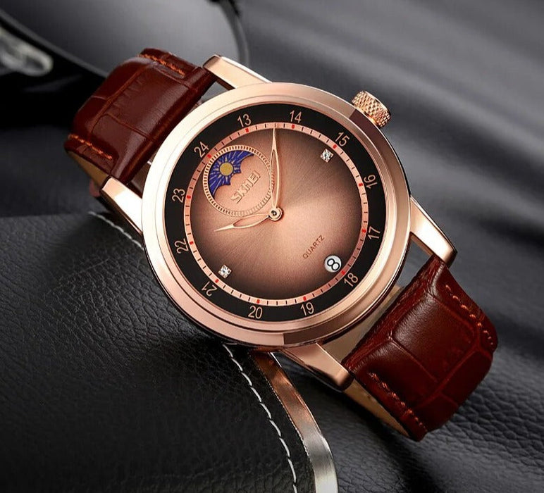 Men's PU Band Leather Analog Display Quartz 3ATM 30M Water Resistant Rose Gold Wristwatch