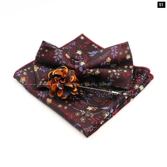 Blue Floral Pocket Square Set Bowtie Cufflink Brooch For Weddings