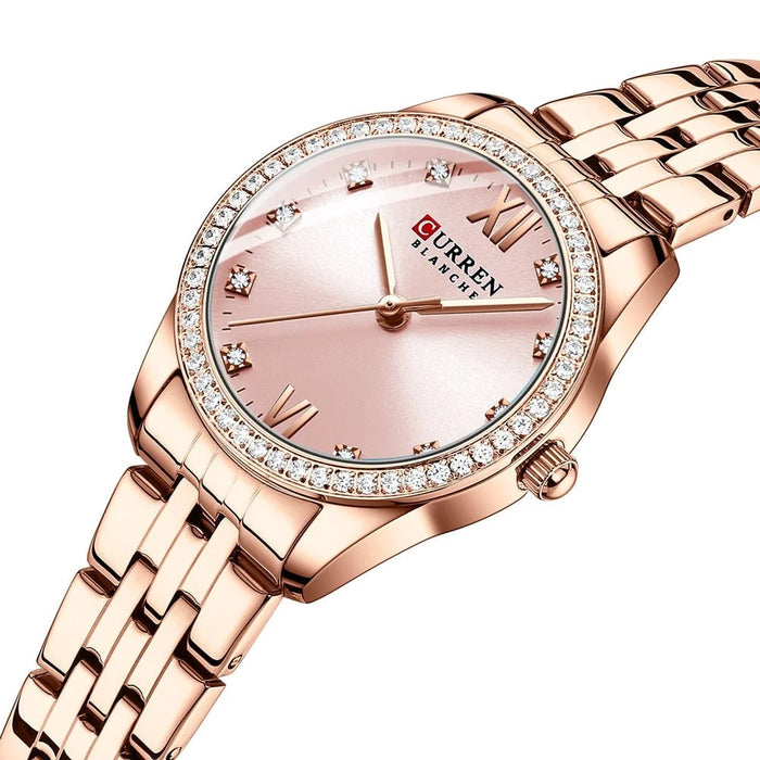 Stainless Steel Charming Rhinestone Rose Dial Quartz Watches For Women