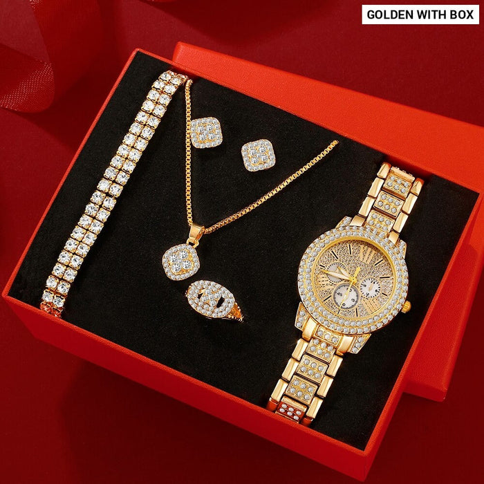 6pcs Set Women Box Watch Golden Luxury Brand Design Watches