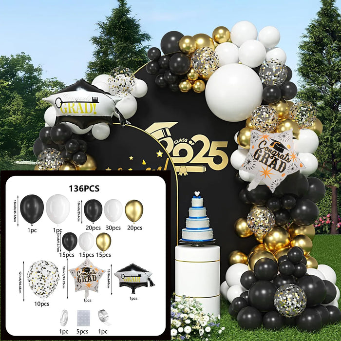 136Pcs Black White Gold Balloon Arch Garland Kit Graduation Cap Star Balloon Graduation Party Graduation Birthday Decoration