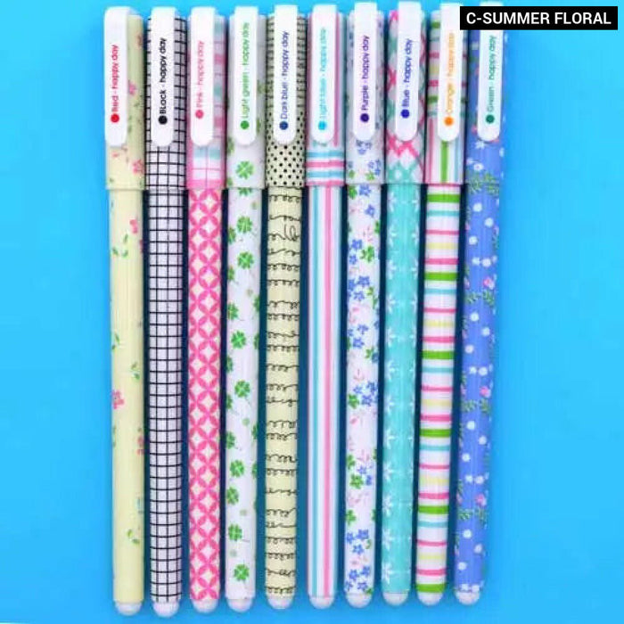 10 Piece Gel Pen Set Floral Animal Starry Designs 0.5Mm Tip