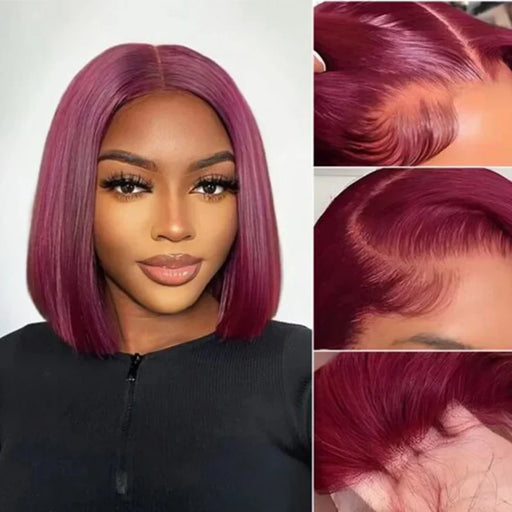 Dark Red 99j Short Bob Wig Human Hair Full Frontal Blunt Cut