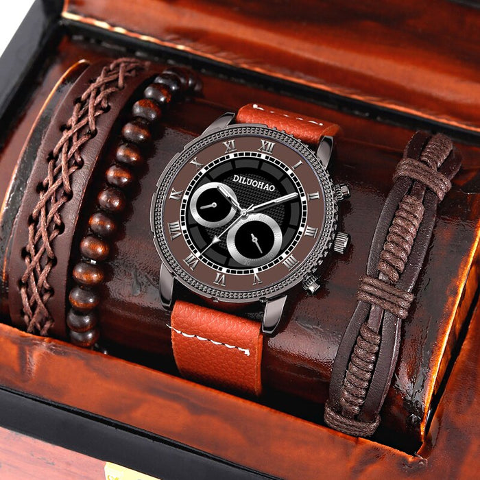 4PCS Set Fashion Mens Bracelet Watches For Men Military Retro Big Dial Quartz Wrist Watch Male Casual Brown Leather Strap Watch