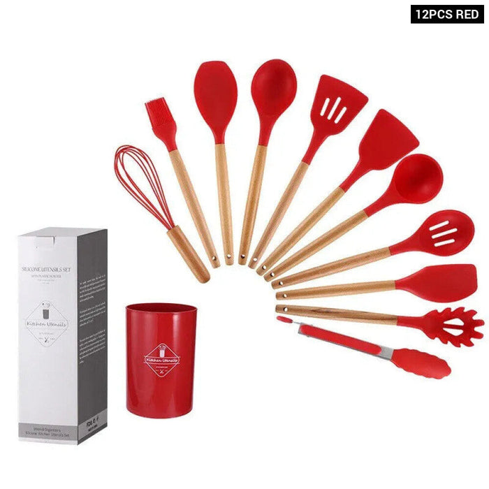 12 Piece Wooden Handle Silicone Kitchen Utensils Storage