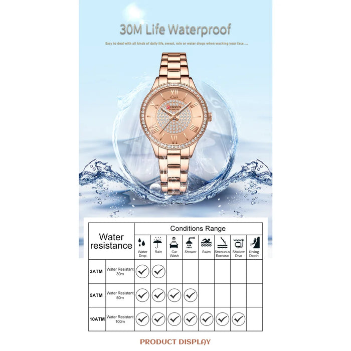 Stainless Steel Rhinestones Rose Dial Quartz Wristwatches For Women