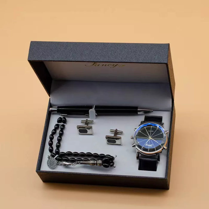 Mens Cufflinks Rosary Bracelet Signature Pen Quartz Wrist Watch Set With Box