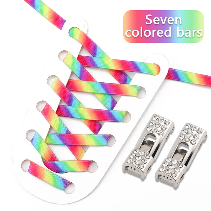 Rainbow No Tie 8Mm Wide Flats Diamond Cross Buckle Rubber Shoe Laces For Kids & Adults Shoes