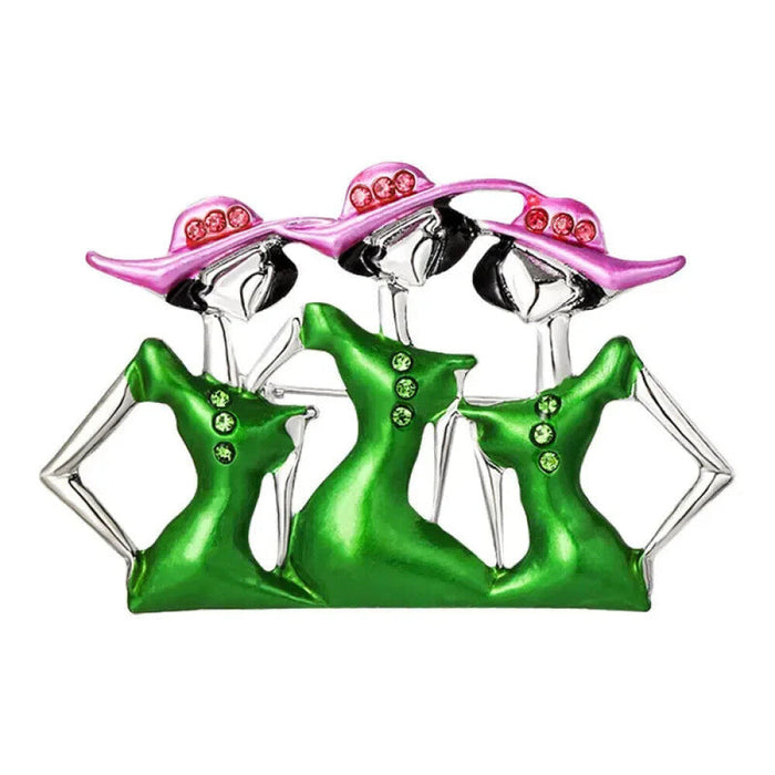 Womens Fashion Brooch 3 Lady Enamel Pin With Pink Hats And Green Dresses Luxury