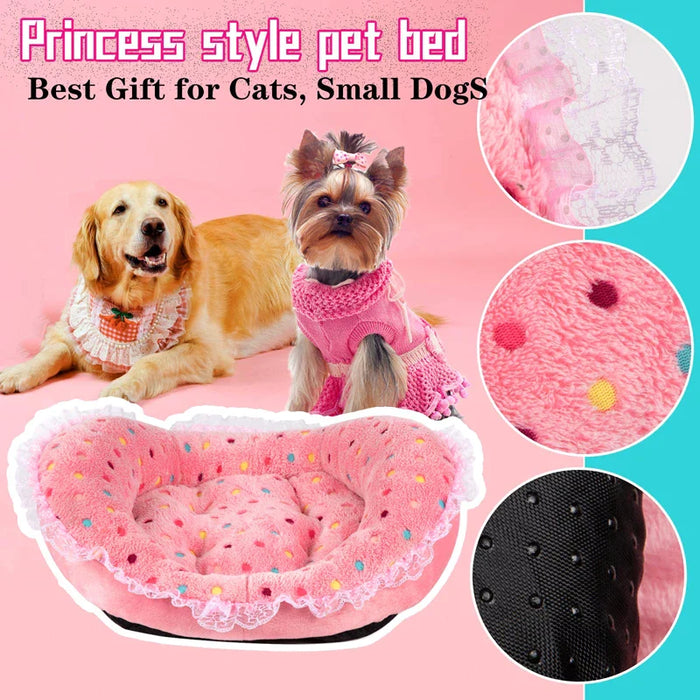 Princess Style Pet Bed Pink Polka Dots Soft Fleece Anti Slip Sofa