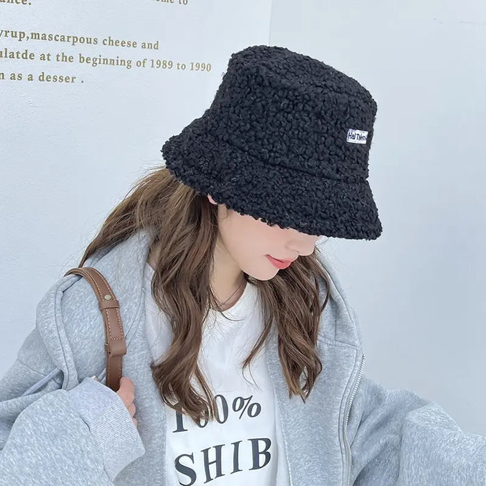 Kids Winter Bucket Hat Cute Lamb Wool Fisherman Hat For Boys And Girls Solid Flat Top Design Thick And Warm Sun Cap For Outdoor Activities