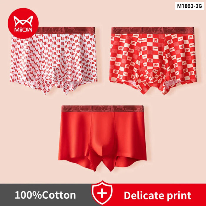 3 Piece Red Antibacterial Cotton Boxer Shorts For Men