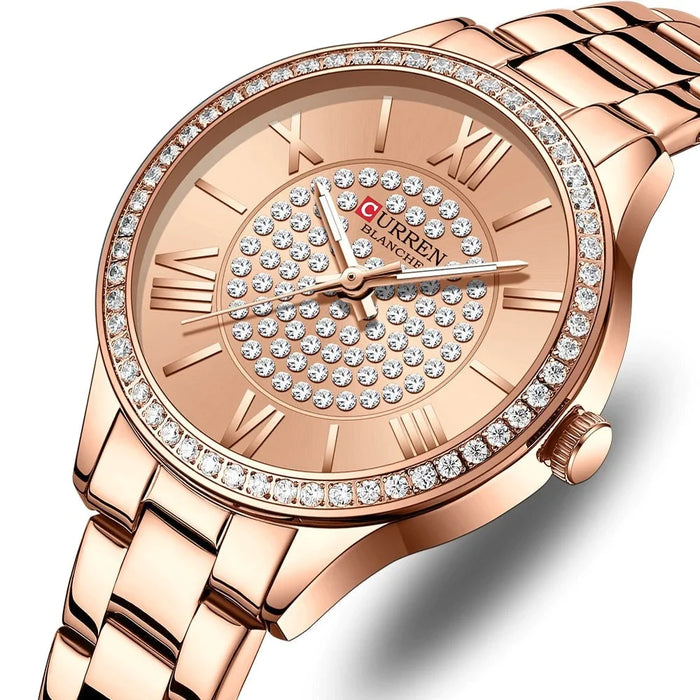 Stainless Steel Rhinestones Rose Dial Quartz Wristwatches For Women